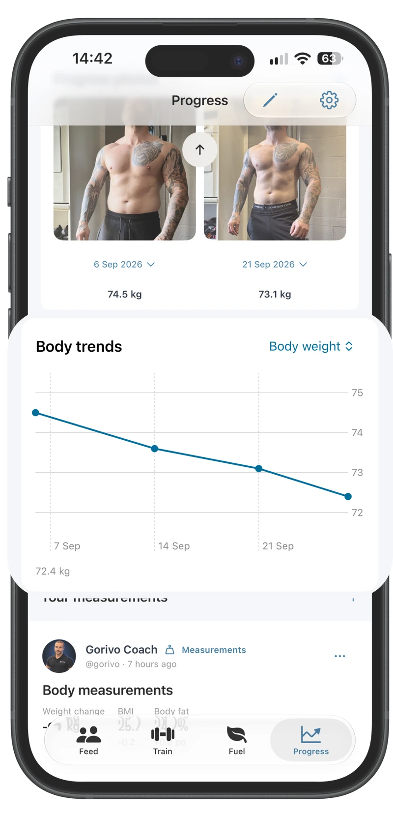See changes in your measurements alongside the progress photos you choose to record.