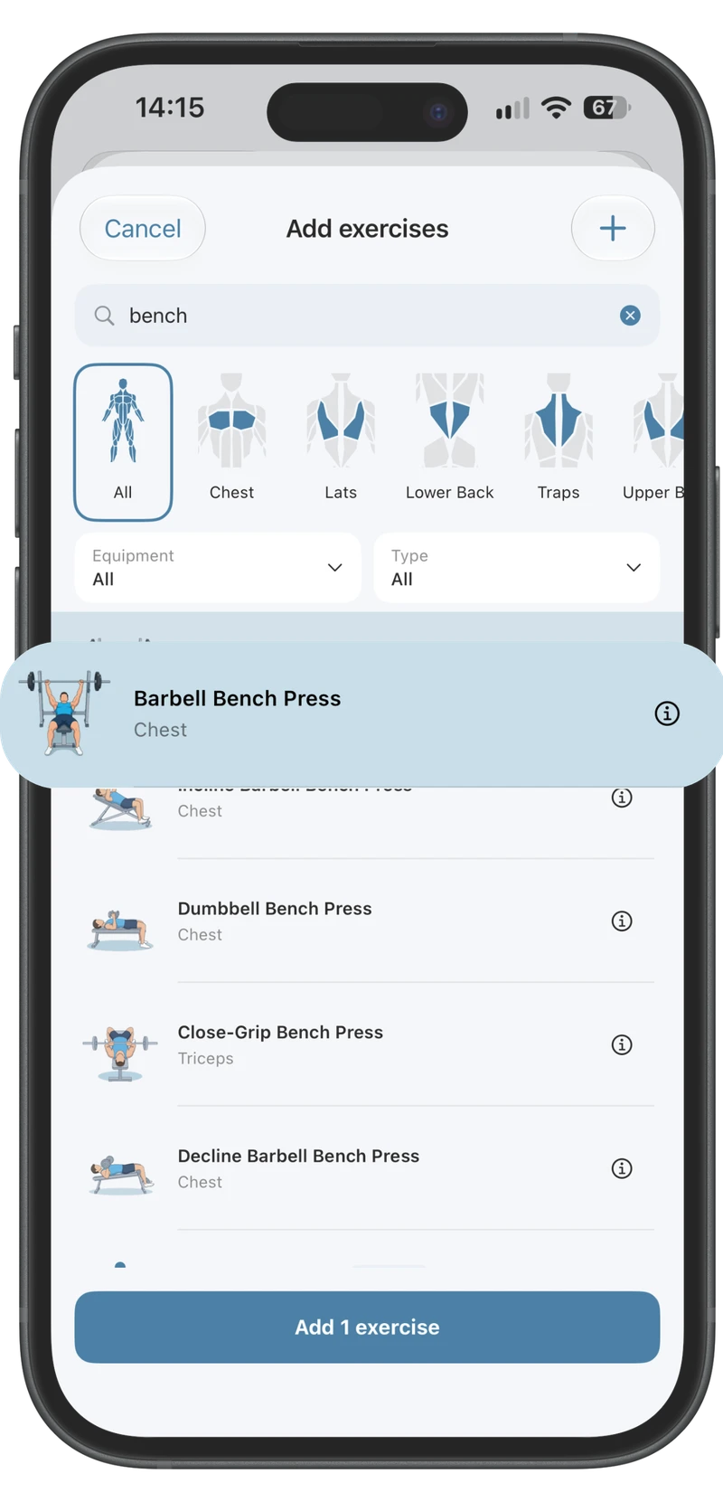Browse the exercise library, filter by muscle and equipment, and add your own movements.