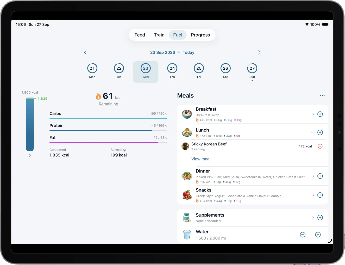 Gorivo on iPad, with a week of food tracking and meals beside the calorie summary