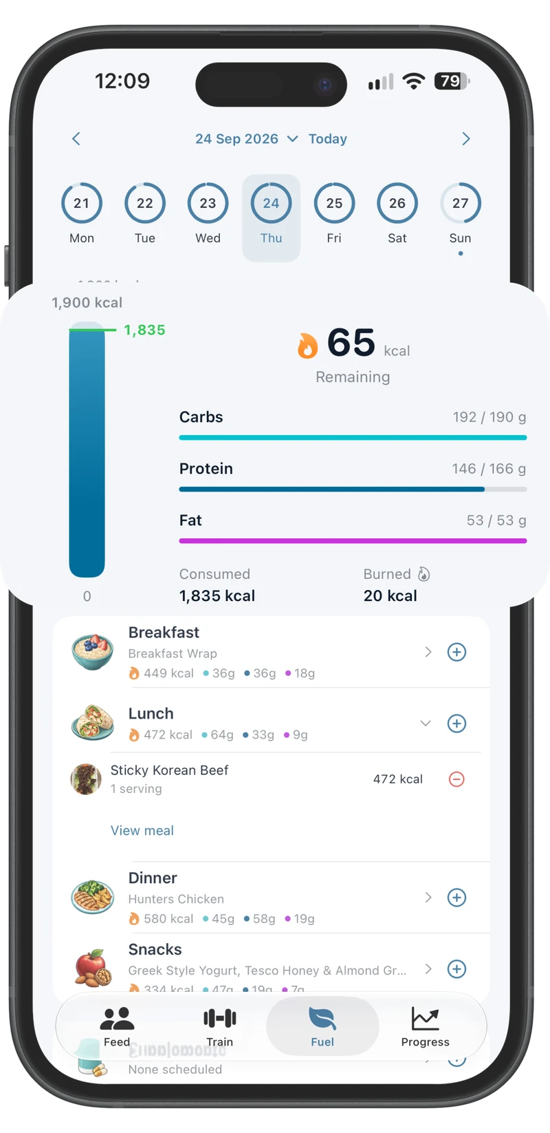 Gorivo food diary with a populated week of calorie tracking