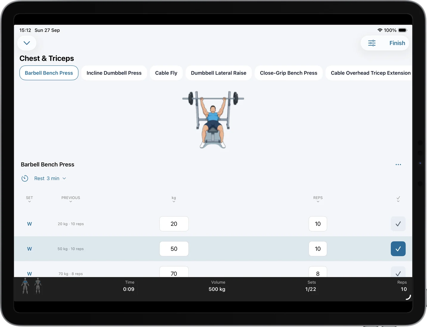 Gorivo workout on iPad with the exercise and set log side by side