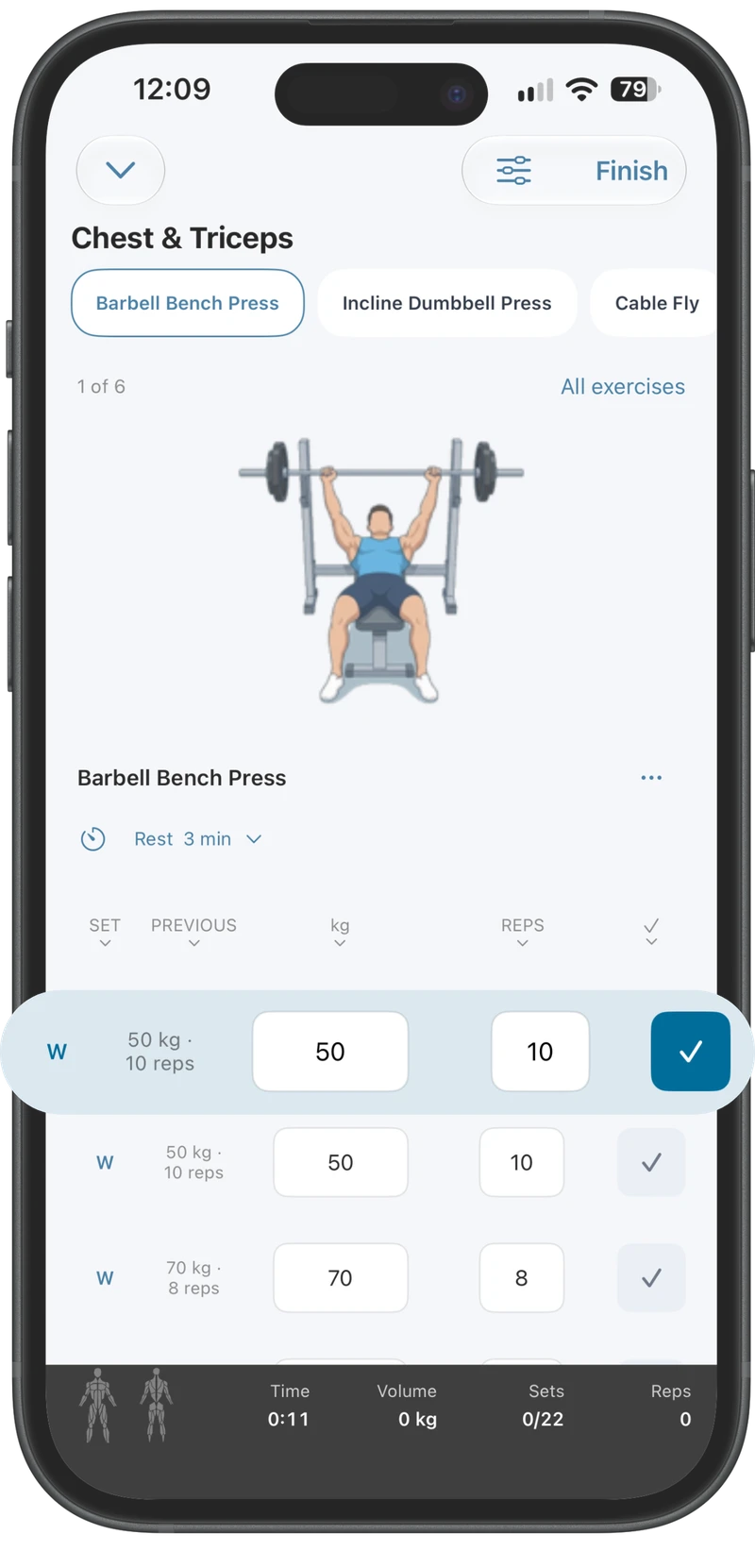 Gorivo on iPhone, showing exercise images, previous sets, reps and RPE